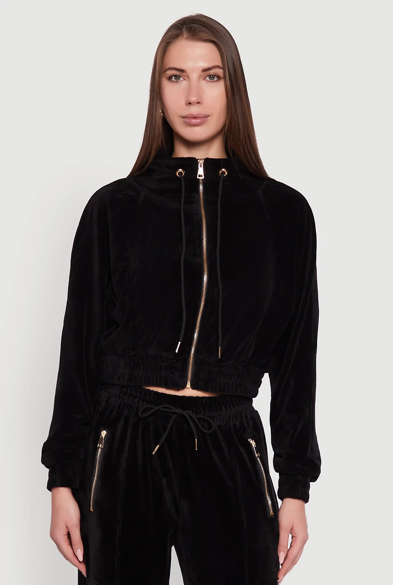 Womens Velour Drawstring Mock Neck Cropped Zip Front Sweatshirt,