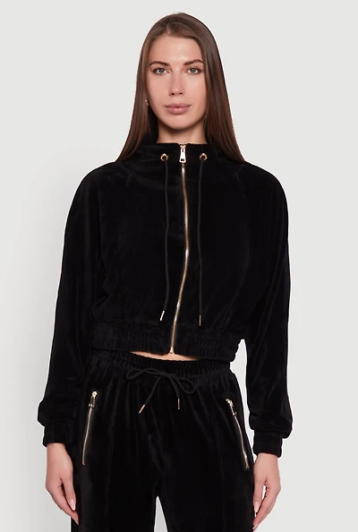 Womens Velour Drawstring Mock Neck Cropped Zip Front Sweatshirt,