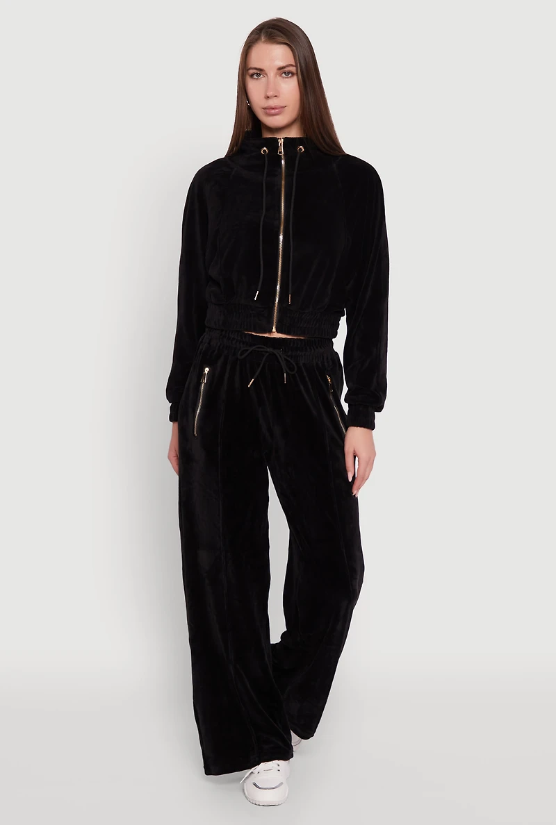 Womens Velour Drawstring Mock Neck Cropped Zip Front Sweatshirt,