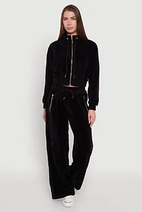 Womens Velour Drawstring Mock Neck Cropped Zip Front Sweatshirt,