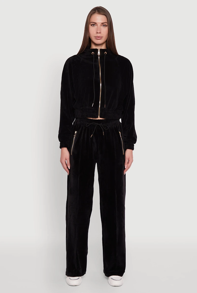 Womens Velour Drawstring Mock Neck Cropped Zip Front Sweatshirt,