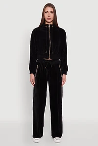 Womens Velour Drawstring Mock Neck Cropped Zip Front Sweatshirt,