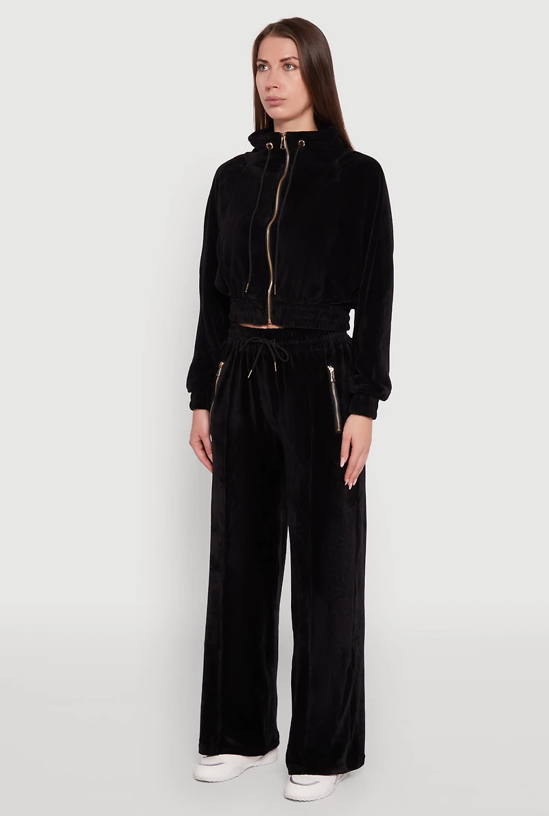 Womens Velour Drawstring Mock Neck Cropped Zip Front Sweatshirt,