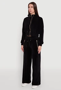 Womens Velour Drawstring Mock Neck Cropped Zip Front Sweatshirt,