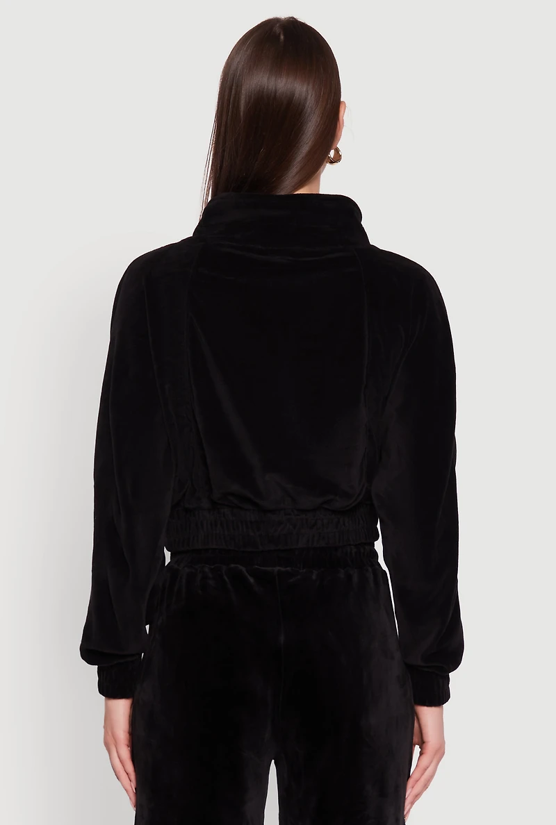 Womens Velour Drawstring Mock Neck Cropped Zip Front Sweatshirt,
