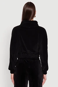 Womens Velour Drawstring Mock Neck Cropped Zip Front Sweatshirt,