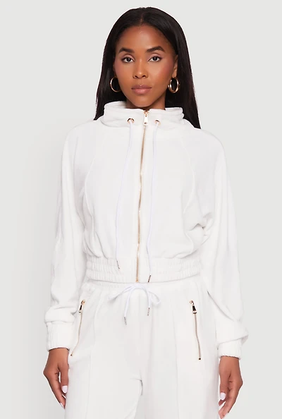 Womens Velour Drawstring Mock Neck Cropped Zip Front Sweatshirt, White,