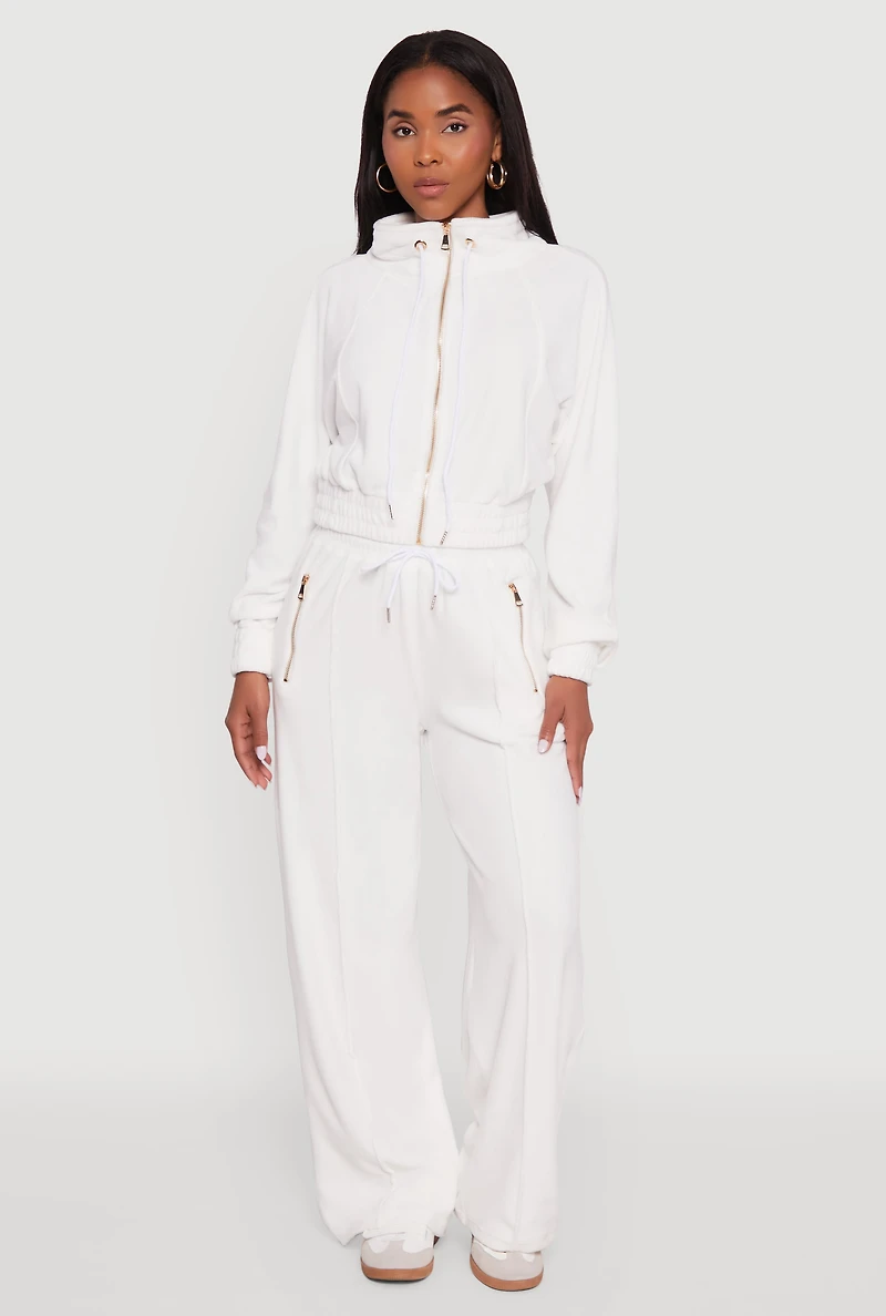 Womens Velour Drawstring Mock Neck Cropped Zip Front Sweatshirt, White,