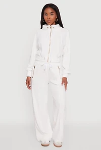 Womens Velour Drawstring Mock Neck Cropped Zip Front Sweatshirt, White,
