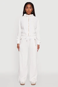 Womens Velour Drawstring Mock Neck Cropped Zip Front Sweatshirt, White,