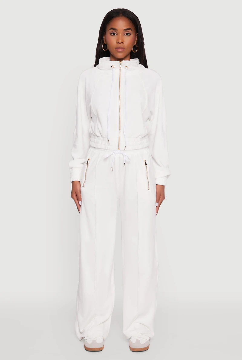 Womens Velour Drawstring Mock Neck Cropped Zip Front Sweatshirt, White, Size L