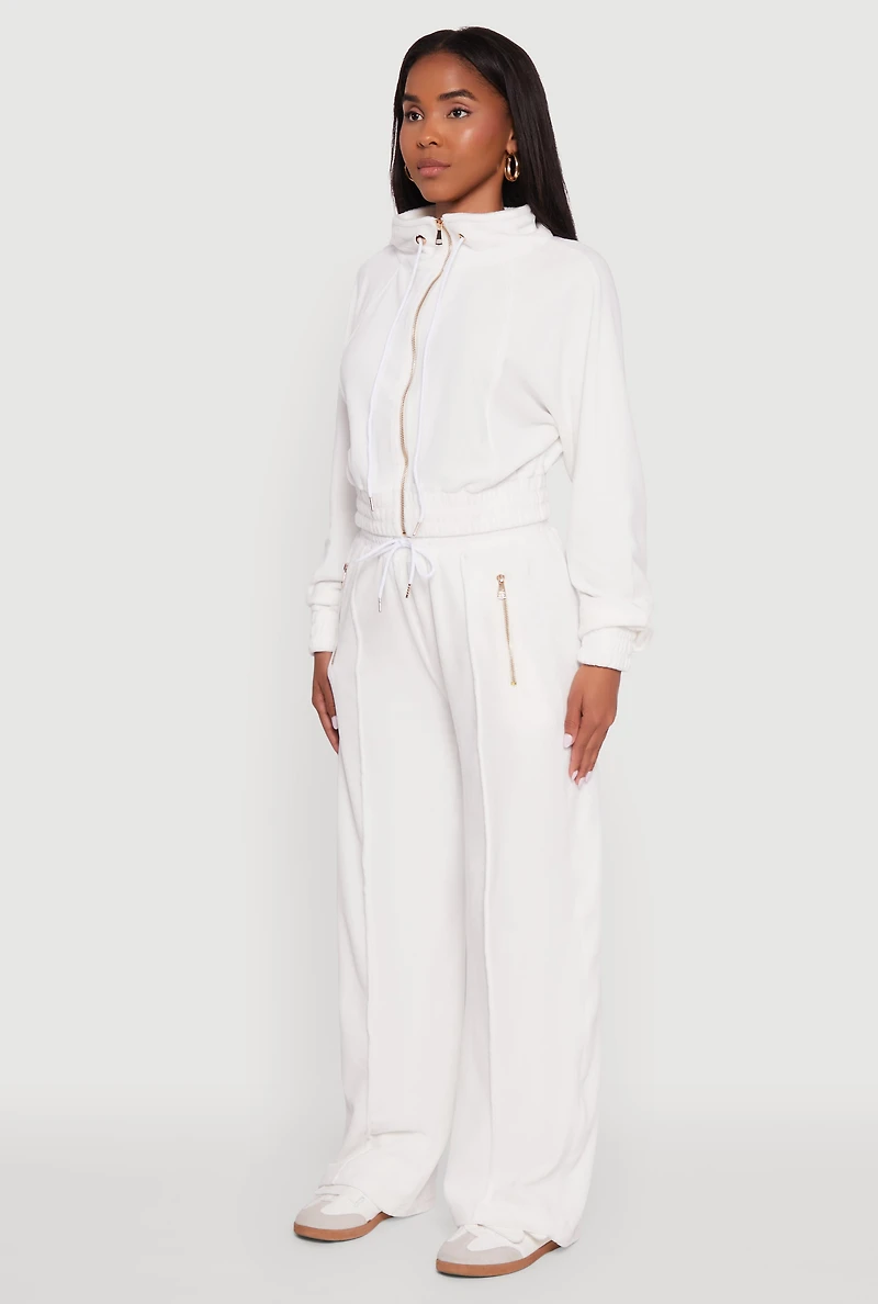 Womens Velour Drawstring Mock Neck Cropped Zip Front Sweatshirt, White,