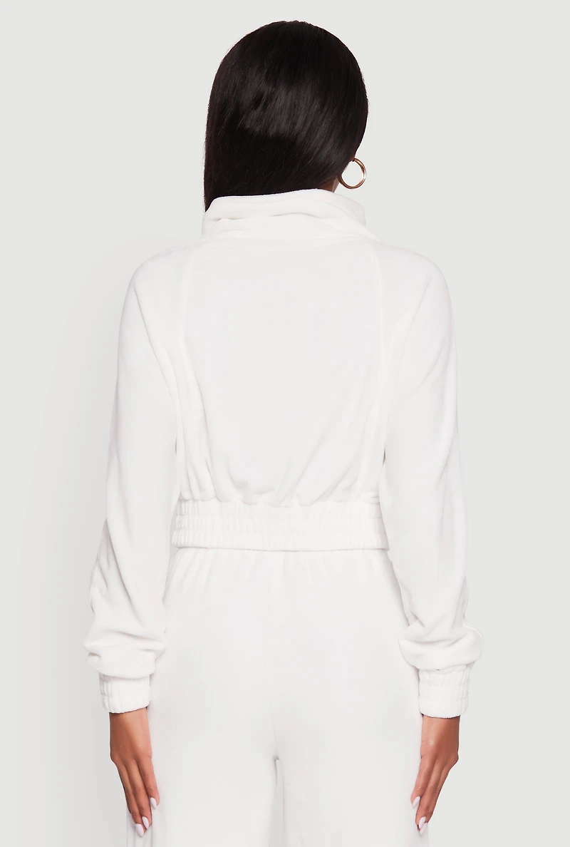 Womens Velour Drawstring Mock Neck Cropped Zip Front Sweatshirt, White,