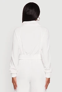 Womens Velour Drawstring Mock Neck Cropped Zip Front Sweatshirt, White,