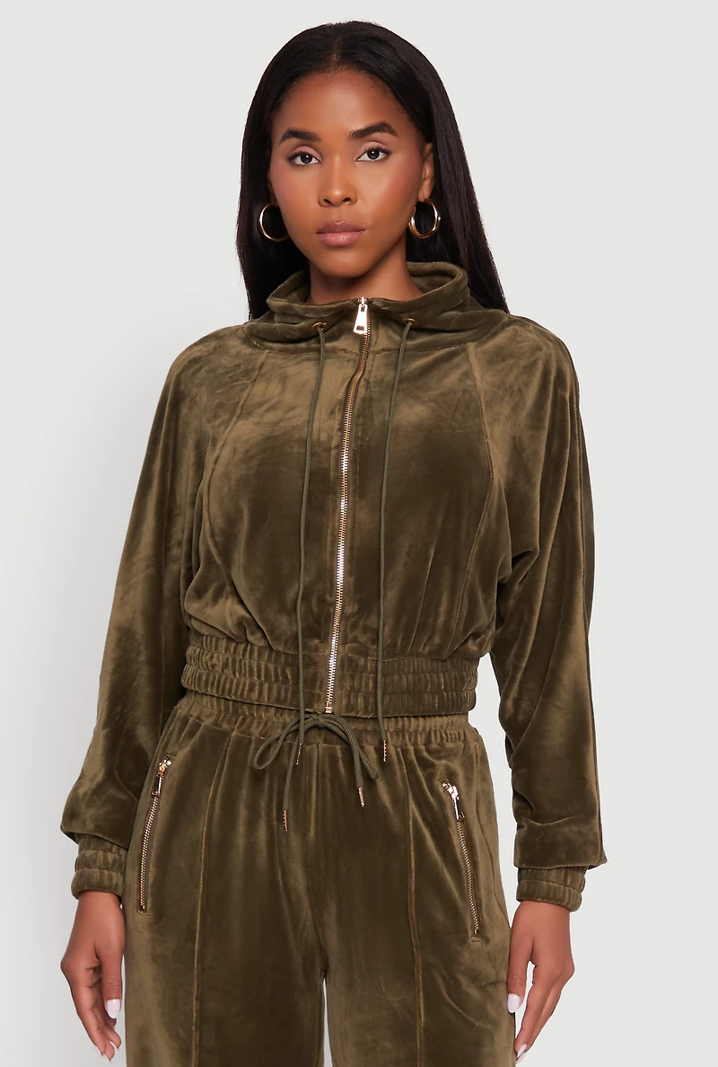 Velour Drawstring Mock Neck Cropped Zip Front Sweatshirt
