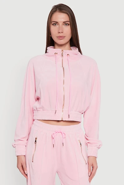 Womens Velour Drawstring Mock Neck Cropped Zip Front Sweatshirt,