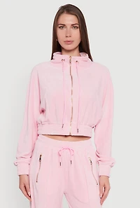 Womens Velour Drawstring Mock Neck Cropped Zip Front Sweatshirt, M