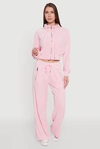 Womens Velour Drawstring Mock Neck Cropped Zip Front Sweatshirt, M