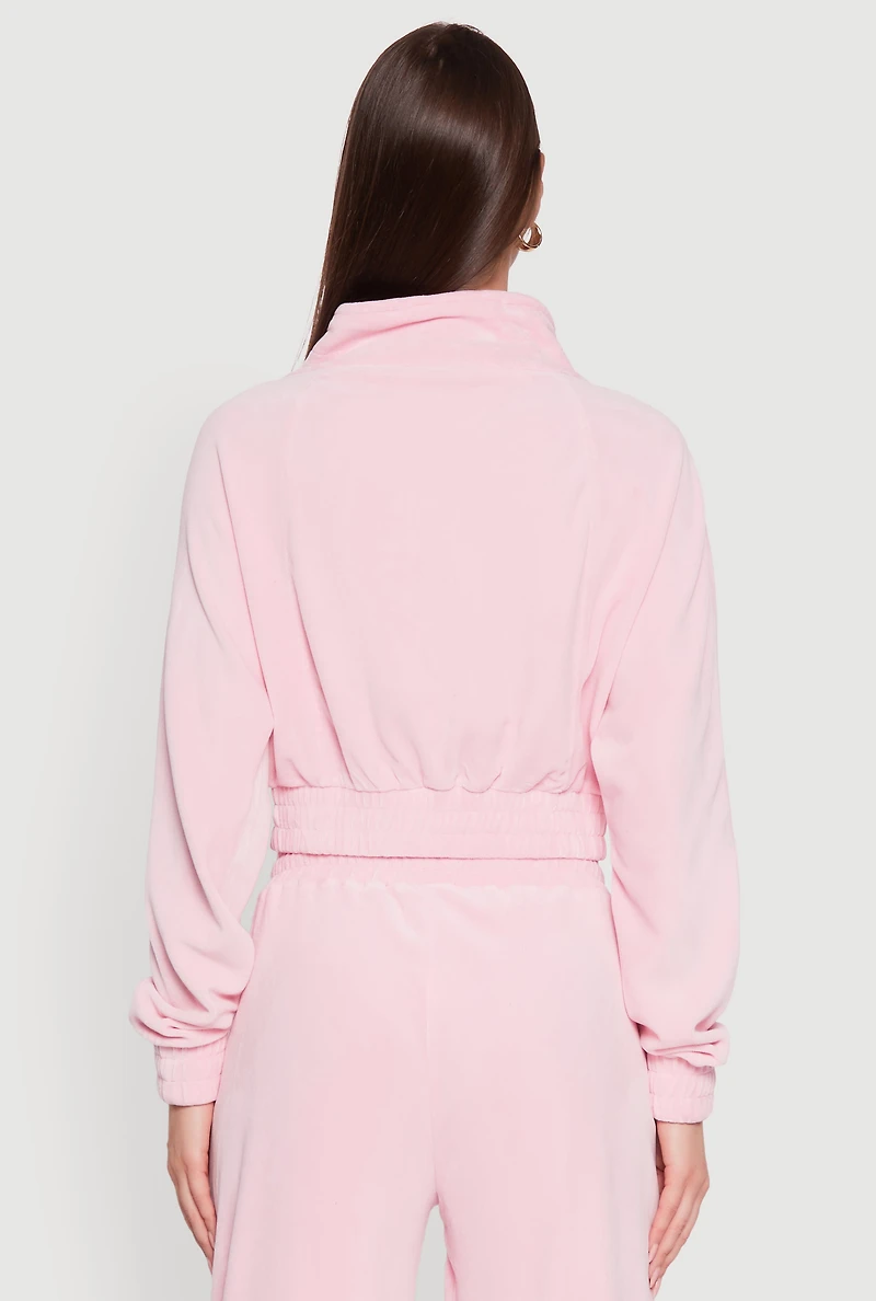 Womens Velour Drawstring Mock Neck Cropped Zip Front Sweatshirt, M