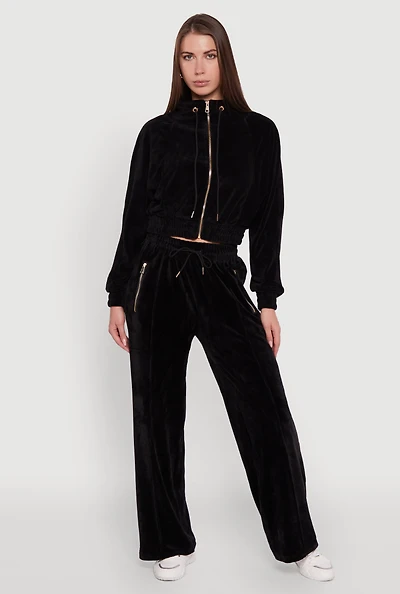 Womens Velour Zip Pocket Drawstring Wide Leg Sweatpants,
