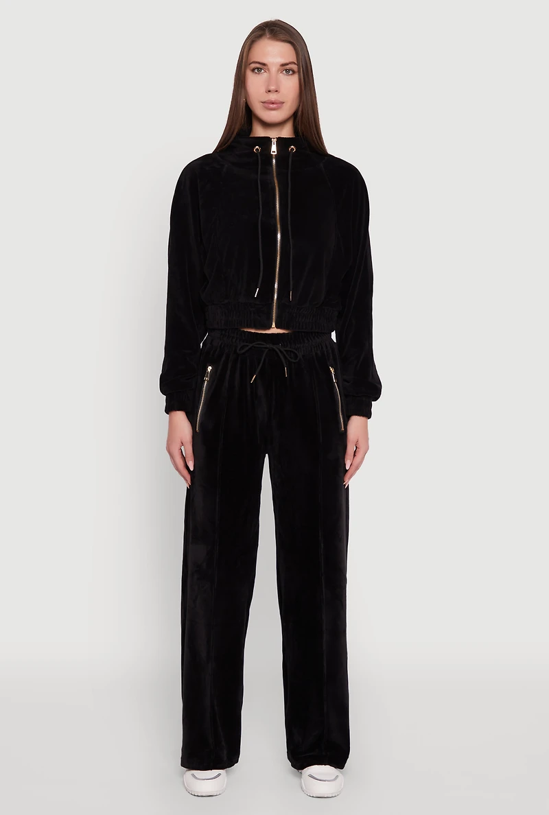Womens Velour Zip Pocket Drawstring Wide Leg Sweatpants, Black, Size XL