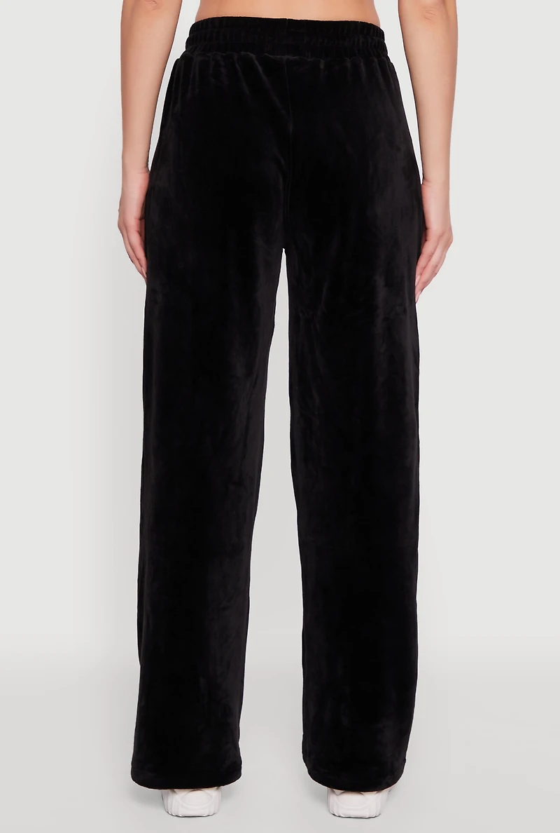 Womens Velour Zip Pocket Drawstring Wide Leg Sweatpants, Black, Size XL