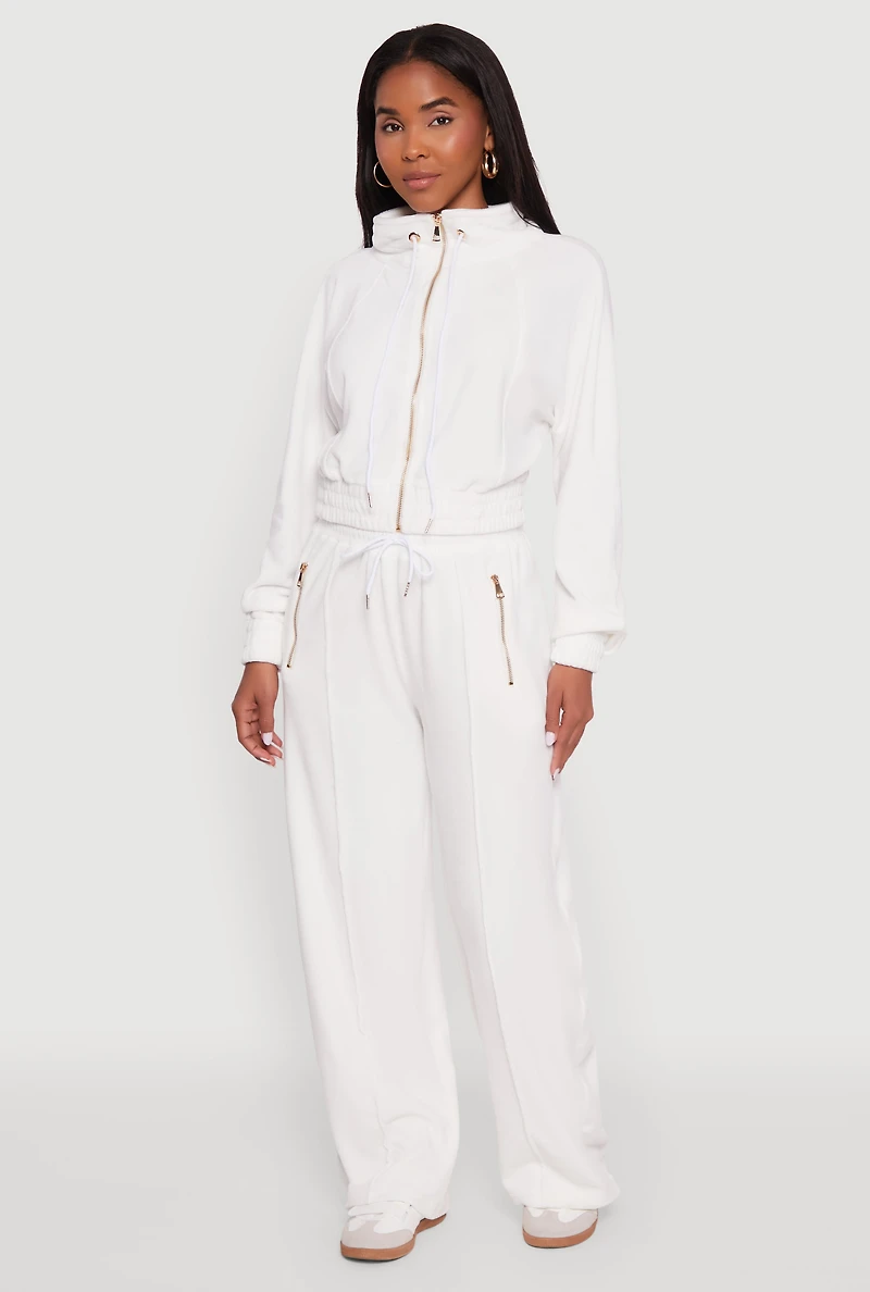 Womens Velour Zip Pocket Drawstring Wide Leg Sweatpants, White, Size S