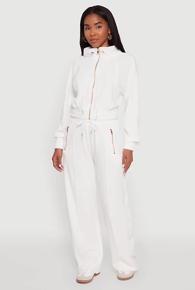 Womens Velour Zip Pocket Drawstring Wide Leg Sweatpants, White, Size S