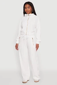 Womens Velour Zip Pocket Drawstring Wide Leg Sweatpants, White, Size S