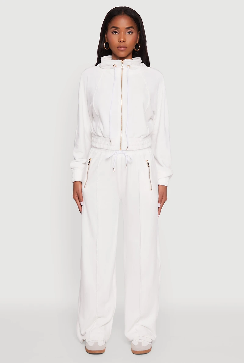 Womens Velour Zip Pocket Drawstring Wide Leg Sweatpants, White, Size S