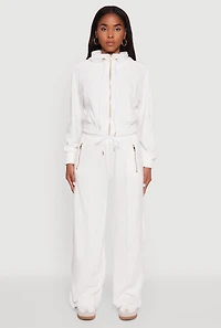 Womens Velour Zip Pocket Drawstring Wide Leg Sweatpants, White, Size S