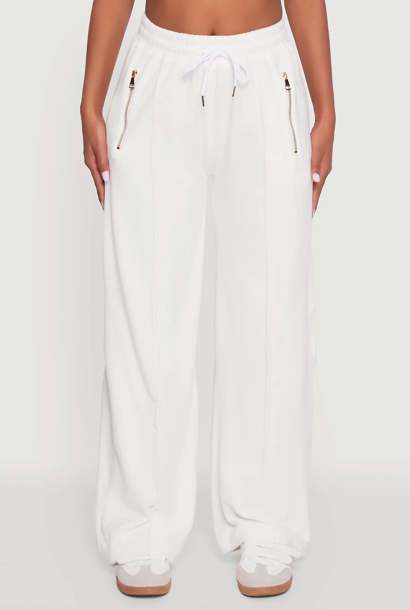 Womens Velour Zip Pocket Drawstring Wide Leg Sweatpants, White, Size S
