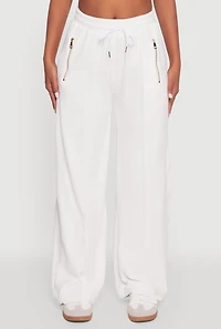Womens Velour Zip Pocket Drawstring Wide Leg Sweatpants, White, Size S