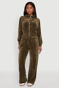 Womens Velour Zip Pocket Drawstring Wide Leg Sweatpants, Green, Size M