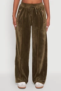 Womens Velour Zip Pocket Drawstring Wide Leg Sweatpants, Green, Size M
