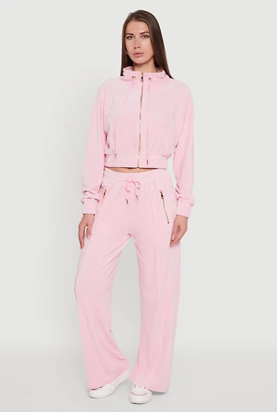 Womens Velour Zip Pocket Drawstring Wide Leg Sweatpants,