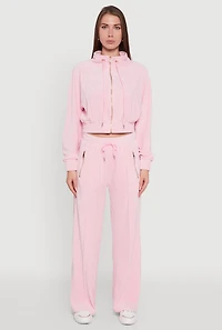 Womens Velour Zip Pocket Drawstring Wide Leg Sweatpants,