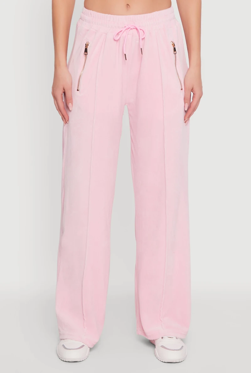 Womens Velour Zip Pocket Drawstring Wide Leg Sweatpants,