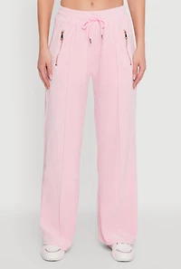 Womens Velour Zip Pocket Drawstring Wide Leg Sweatpants,