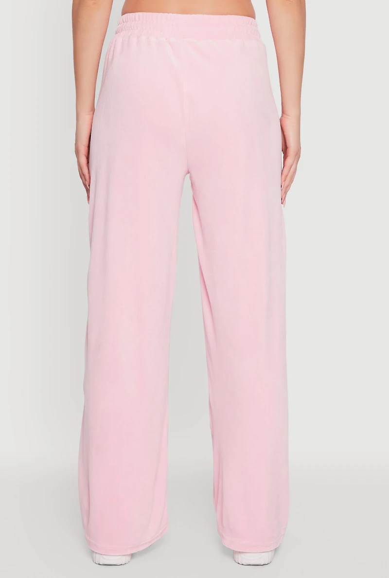 Womens Velour Zip Pocket Drawstring Wide Leg Sweatpants,