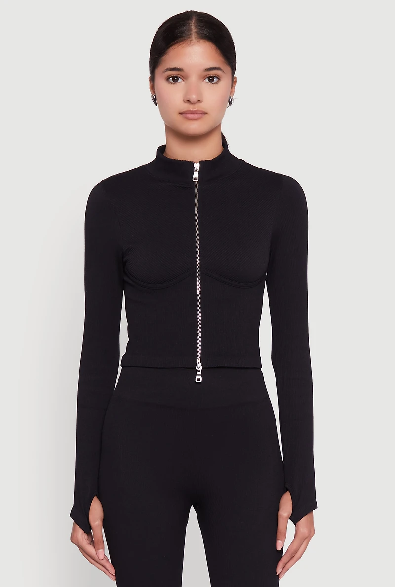 Womens Seamless Ribbed Bustier Detail Cropped Track Jacket, Black,