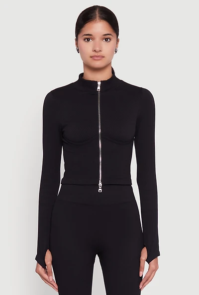 Womens Seamless Ribbed Bustier Detail Cropped Track Jacket, Black,