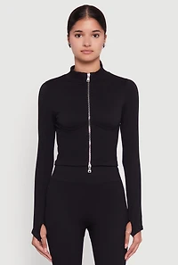 Womens Seamless Ribbed Bustier Detail Cropped Track Jacket, Black,
