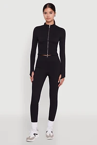 Womens Seamless Ribbed Bustier Detail Cropped Track Jacket, Black,