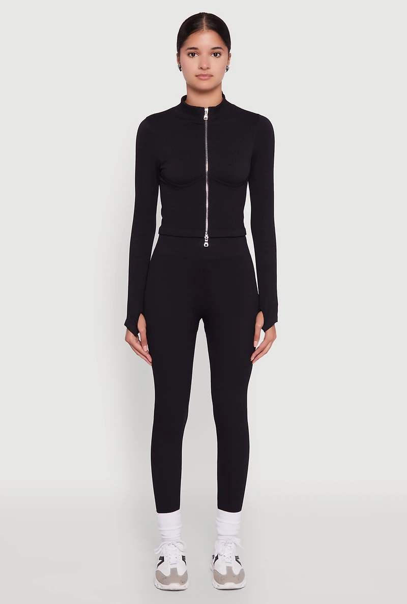 Womens Seamless Ribbed Bustier Detail Cropped Track Jacket, Black,