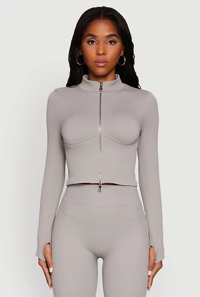 Womens Seamless Ribbed Bustier Detail Cropped Track Jacket,
