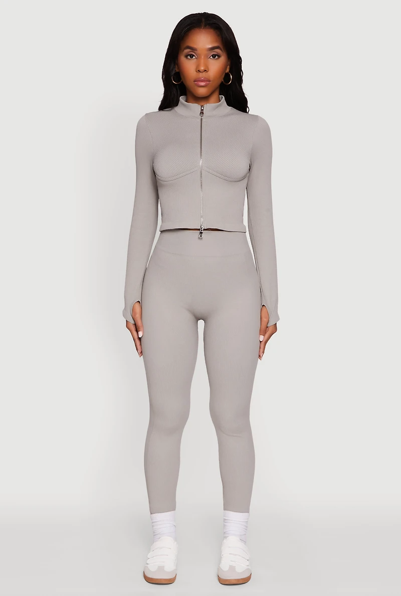 Womens Seamless Ribbed Bustier Detail Cropped Track Jacket, Grey, Size S-M