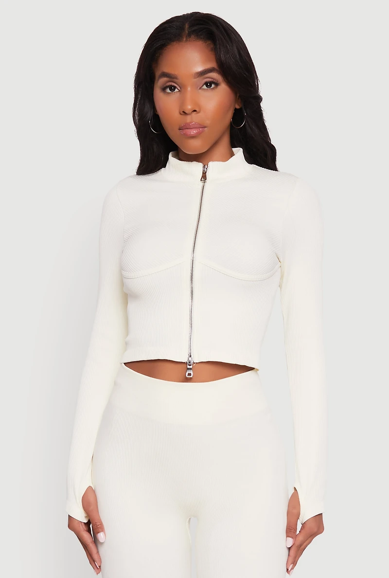 Womens Seamless Ribbed Bustier Detail Cropped Track Jacket, White, Size L-XL