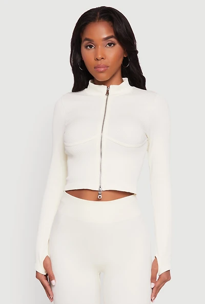 Womens Seamless Ribbed Bustier Detail Cropped Track Jacket, White, Size L-XL