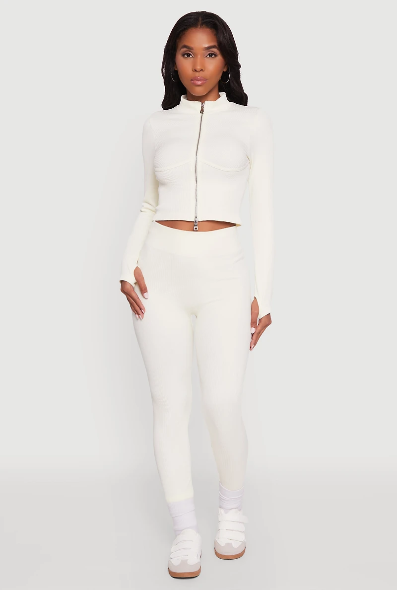 Womens Seamless Ribbed Bustier Detail Cropped Track Jacket, White, Size L-XL